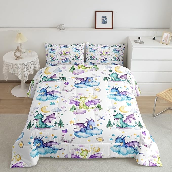 Feelyou Dragon Comforter Set Toddler Size Cute Comforter for Boys Girls Teens Kawaii Bedding Set Dragon Stuff Duvet Set Room Decor White Quilt Set