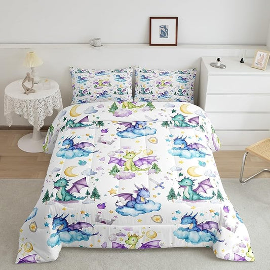 Feelyou Dragon Comforter Set Queen Size Cute Comforter for Boys Girls Teens Kawaii Bedding Set Dragon Stuff Duvet Set Room Decor White Quilt Set