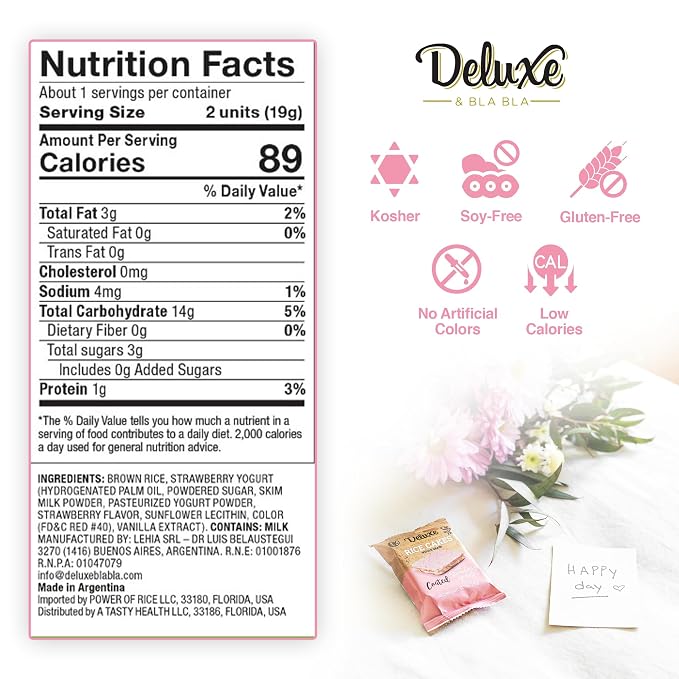 Deluxe & Bla Bla Rice Cakes 12 Pack – Whole Grain, Gluten-Free, Kosher, Low-Calorie Snack – Coated with Strawberry Yogurt – Healthy & Crunchy Treat – Individually Wrapped, (19g Each)