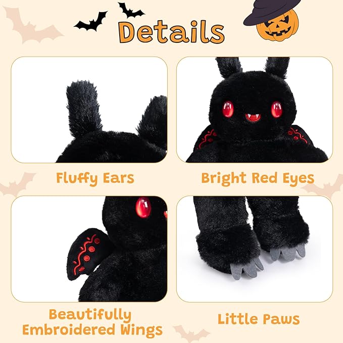 Mothman Plush Toy Halloween Stuffed Animals Cryptid Plush with Red Eyes and Embroidered Wings Gifts Collection Decor for Kids Adults Black 12 Inch