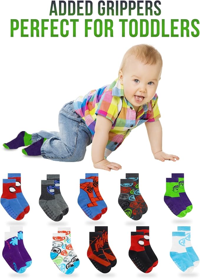 Marvel Spiderman Grip Socks, 10 Pack, Toddler Boys, Ankle Length, Multicolor, Small