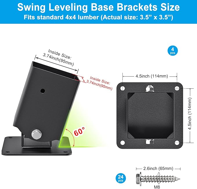 Dolibest Heavy Duty Swing Set Brackets – Complete Kit with 2 A-Frame Brackets, 4 Swing Leveling Base Brackets, 2 Swing Seats & 4 Swing Hangers for DIY Playground Equipment