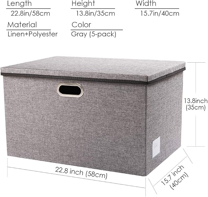 Extra Large Collapsible Storage Bins with Lids [5-Pack] Linen Fabric Foldable Storage Baskets Boxes Organizer Containers Cube with Cover for Bedroom Closet Office Nursery (22.8x15.75x13.8)