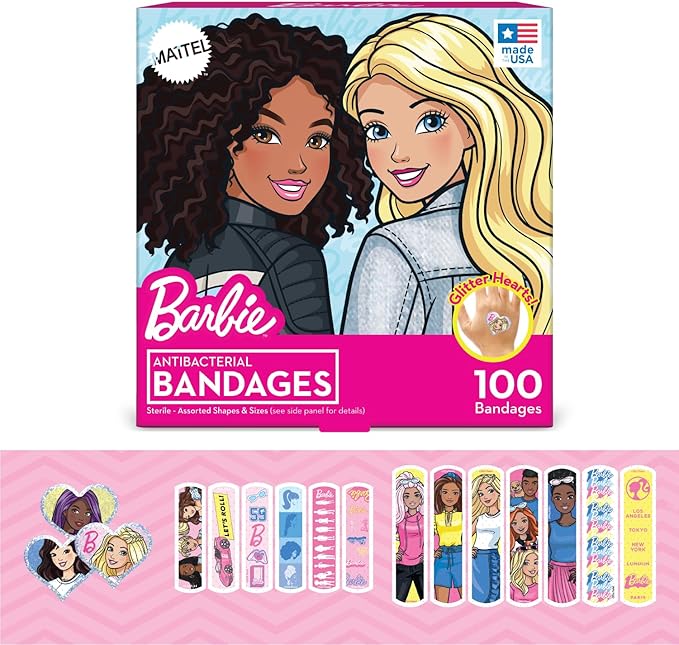 Barbie Antibacterial Kids Bandages, 3 Assorted Sizes 100 CT | Wear Like Stickers, Flexible Adhesive Bandages for Minor Cuts, Scrapes, and Burns. Great Gift idea for Kids