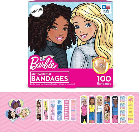 Barbie Antibacterial Kids Bandages, 3 Assorted Sizes 100 CT | Wear Like Stickers, Flexible Adhesive Bandages for Minor Cuts, Scrapes, and Burns. Great Gift idea for Kids