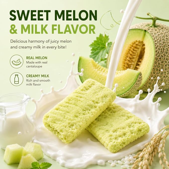 Milk Classic Muskmelon Rice Snack, Crispy Korean Style Rice Crackers, Individually Wrapped Sweet Melon Flavor Snack, Non-Fried Light Snack, 8.46 oz