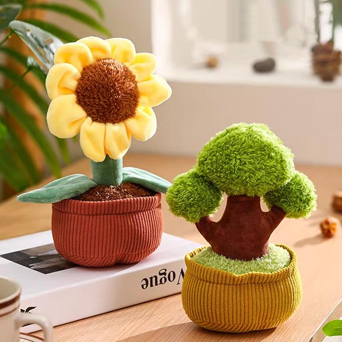 Ryttir 10" Vogue-Desk Botanical Plush Set,Flower Pillow & Evergreen Tree Stuffed Animal in Fabric Pots - Realistic Stuffed Sunflower + Plant Plush Home Decor