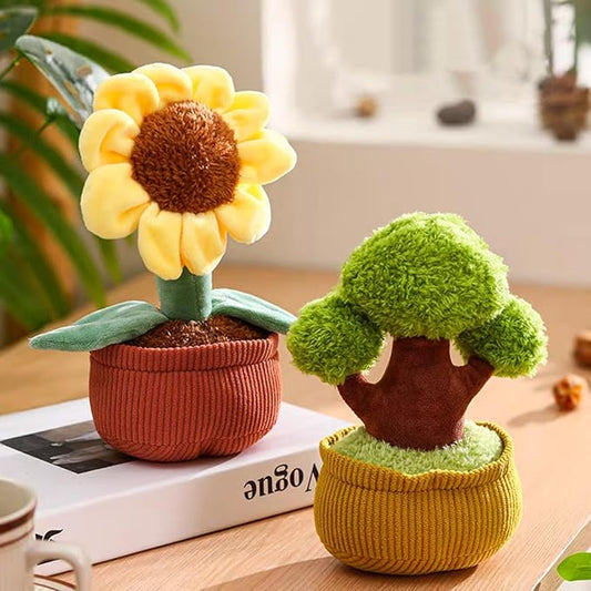 Ryttir 10" Vogue-Desk Botanical Plush Set,Flower Pillow & Evergreen Tree Stuffed Animal in Fabric Pots - Realistic Stuffed Sunflower + Plant Plush Home Decor