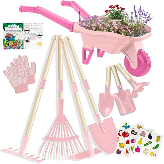Qtioucp Kids Gardening Set with Wheelbarrow, Real Metal Garden Tools for Kids Ages 3-8, 4 Long Handle Tools, 3 Hand Tool, Gloves, 5 Stickers, Handbook, Outdoor Backyard Toys for Toddler Gift