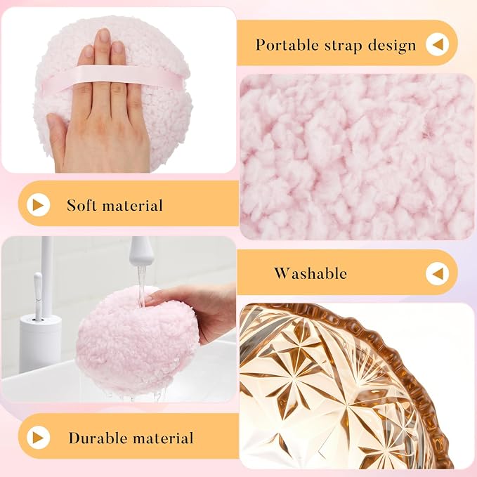 Tioncy 2 Pcs Extra Large Dusting Powder Puff and Container for Women-6'' Glass Crystal Dusting Powder Container with Body Soft Washable Reusable Velour Face(Amber,Crown)