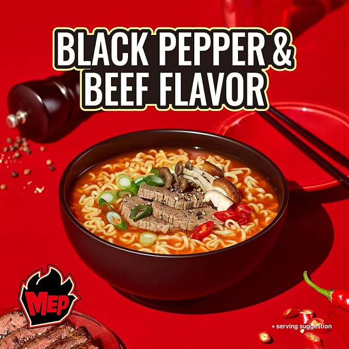MEP Black Pepper Beef Bone Broth Korean Spicy Ramen Noodle Soup, 4-Pack | ENHYPEN Pick; Rich beef bone broth with black pepper kick; Chewy qq-texture noodles; Stovetop easy-cook pack