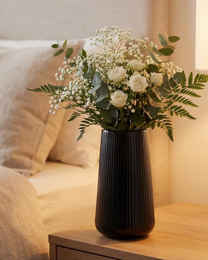 Black Ceramic Vase, 8 Inch Flower Vase for Pampas Grass, Modern Ribbed Decorative Vase with Narrow Opening for Living Room Table, Shelf Decor