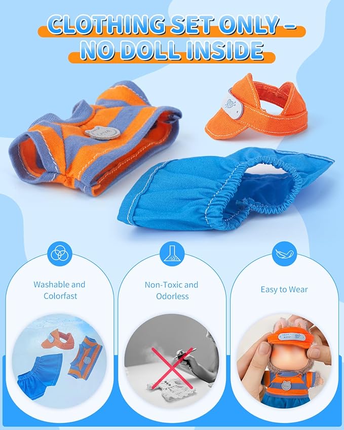 17cm Doll Clothes Set – 3PCS Outfit with Hat, Top & Shorts – Small Doll Clothes & Accessories for 15 - 17 cm Dolls – NO Doll Included – Great for Display, Play or Gift
