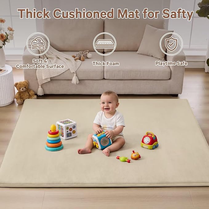 Baby Floor Play Mat Tummy Time Mat Thick 65"x50"Foam Padded Soft Activity Gym Playmat for Babies Infants,Beige