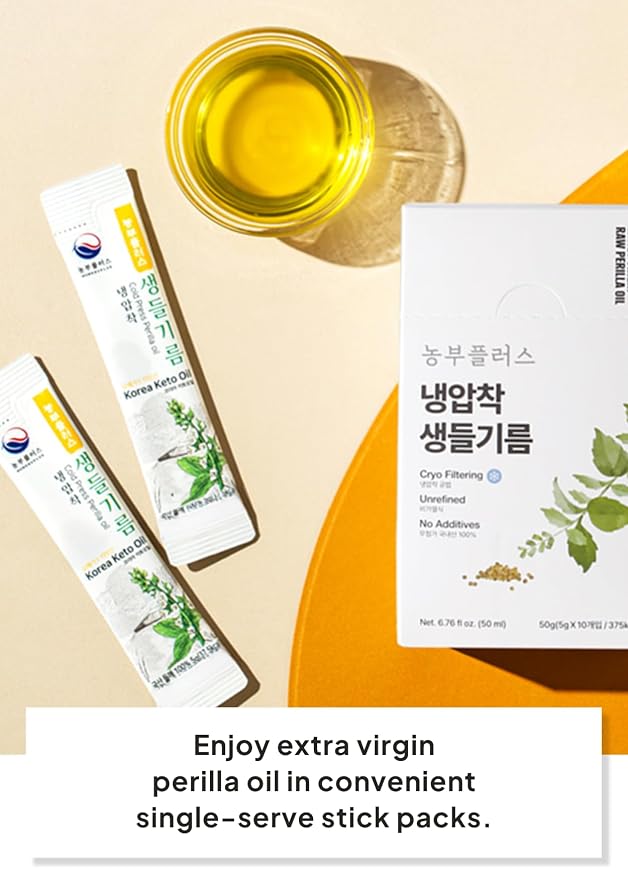 Korean Food Nongbu Cold-Pressed Perilla Oil Sticks Single-Serve 10 Pk 50g | Cold-pressed perilla oil in 10 individually wrapped single-serve sticks with a fresh, rich nutty flavor. Product of Korea.