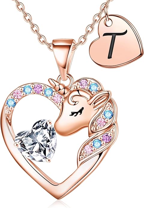 Unicorn Necklace Gifts for Girls Kids - Colorful CZ Heart Initial Necklaces Unicorn Necklace for Girls Jewelry Birthday Gifts for Little Girl Kids