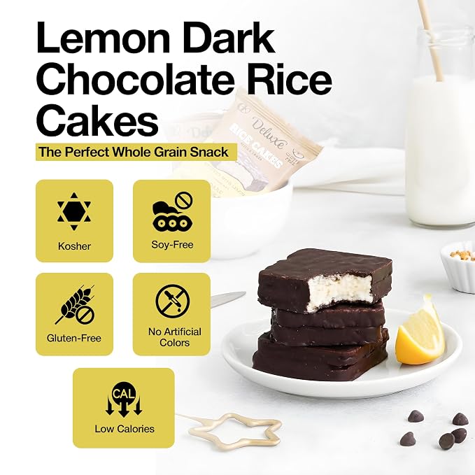 Deluxe & Bla Bla Stuffed Rice Cakes - Whole Grain Chocolate Rice Cake,Gluten Free,Low Calorie,(Alfajor) Kosher Certified - Lemon Filled Rice Cakes coated with Dark Chocolate, 28g Each (6 Pack)