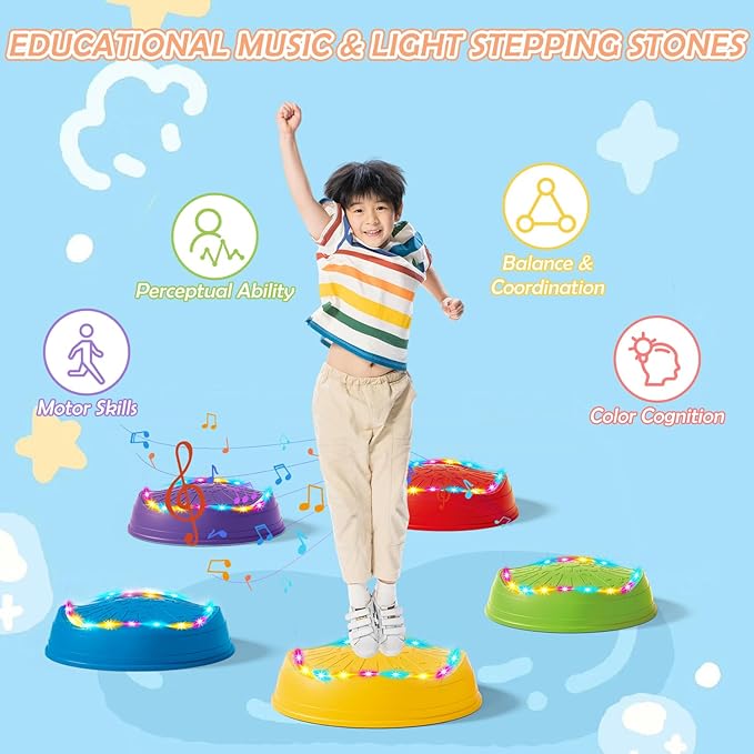Music Light Up Stepping Stones for Kids Toddler - 5PCS Non-Slip Stackable Plastic Sensory Stepping Stones, Preschool Obstacle Course Balance Board Game, Gross Motor Energy Toys for Indoor Outdoor