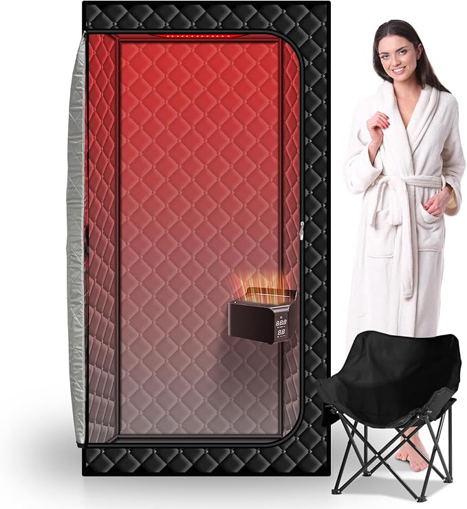 Gollense Red Light Sauna with Hot Air Machine, Portable Dry Sauna for Home with Infrared 660nm Red Light Therapy, 1500W High Power & 6ft-Tall One Person Dry Sauna Box with Foldable Chair, Black