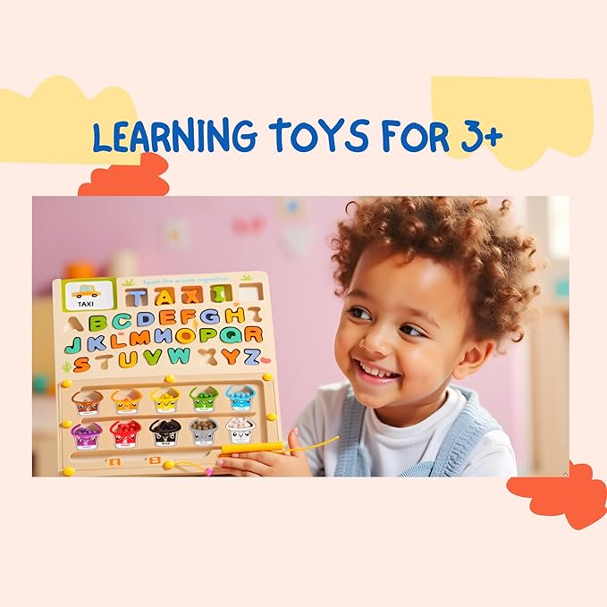 Wooden Puzzle Board for Kids Montessori Educational Toys Toddlers Preschool Learning Activities 3 4 5 6 Year Old Girls Boys Birthday Gifts Travel Toys for 3+ and Alphabet Magnetic Maze Ages 3-5