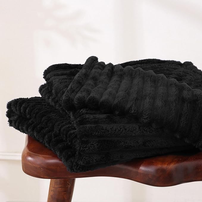 Black Fleece Throw Blanket 50”×60” for Couch Sofa Livingroom | Super Soft Cozy Plush Microfiber Flannel Bed Blanket Striped Design Lightweight Home Decor Gifts for Adults Mom Women