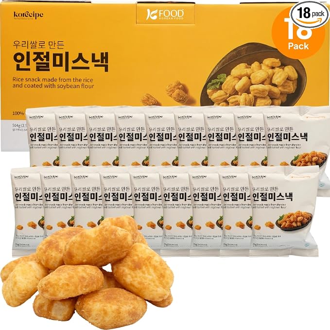 Korean Food Shinwhadang Injeolmi Rice Snack, Soybean Coating, 0.99 oz* 18Pk | Crispy Korean sweet rice snack coated with roasted soybean powder in 18 individual packs
