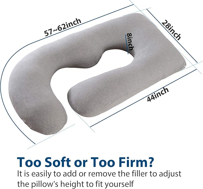U-Shaped Full Body Pregnancy Pillow for Sleeping – 57" Maternity Pillow with Removable Cover, Support for Back, Legs, Belly & Hips (Jersey-LightGrey)
