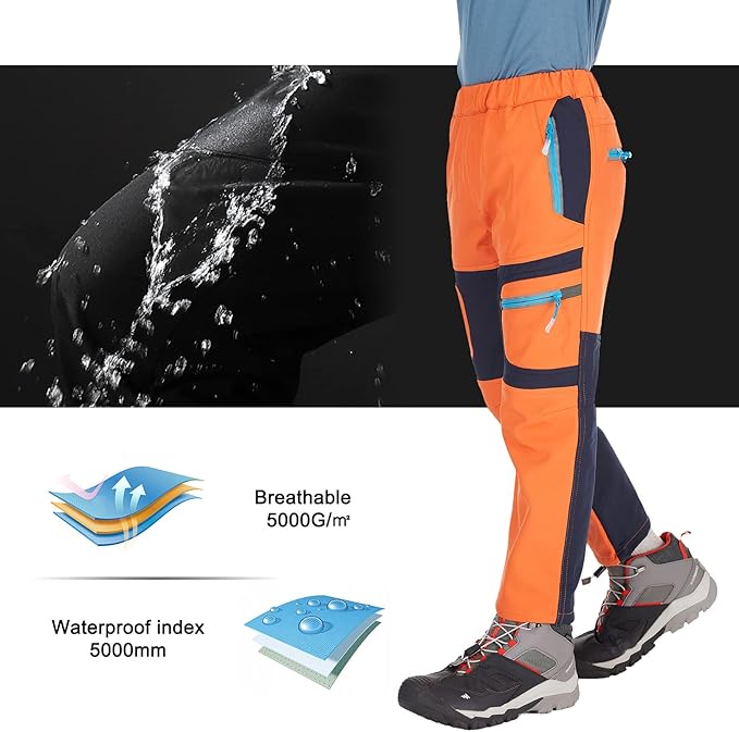 linlon Kids Boy's Snow Waterproof Pants Youth Fleece Lind Hiking Softshell Warm Insulated Trousers