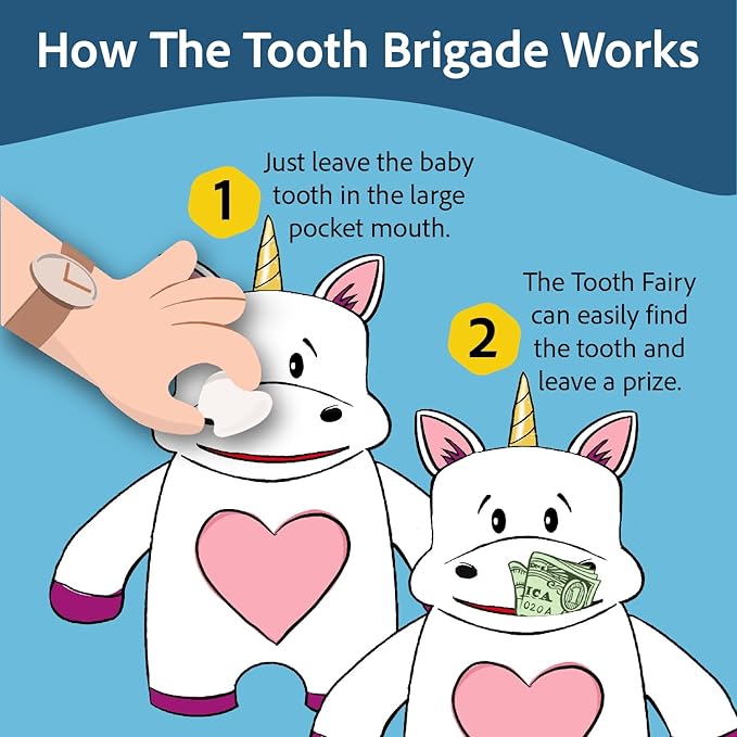 The Tooth Brigade Tooth Fairy Pillow | Stuffed Plush with Large Pocket Mouth for Lost Teeth, Treasures, Prizes - Fun and Interactive Plush, Perfect Kids, Boys, & Girls Gift (Sprinkles Unicorn)