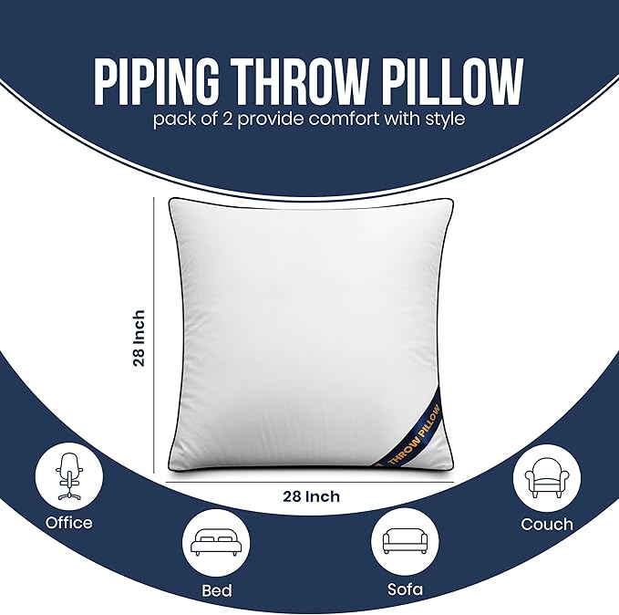 Utopia Bedding 28x28 Throw Pillow Inserts, Decorative Pillows, Pack of 2 | Piping Throw Pillows, Plush & Supportive, Aesthetic Cushion Sham Stuffer for Sofa, Office, Couch & Bed, Set of 2, White