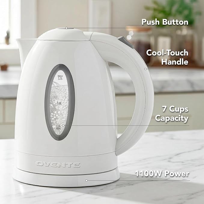 OVENTE Electric Kettle, 1.7L Fast Boiling Water Heater for Coffee or Tea, BPA Free with Water Level Gauge, Auto Shut-Off, Boil-Dry Protection, Indicator Light and Removable Filter, White KP72W