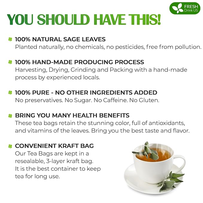 FreshDrinkUS, Premium 35 Sage Leaf Tea Bags, 100% Natural & Pure from Sage Leaves. Loose Leaf Herbal Tea. Made with Natural Material Tea Bags. No Sugar, No Caffeine, No Gluten, Vegan.