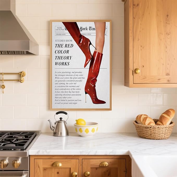 Vintage Color Theory Newspaper Poster Retro Fashion Red Boots Canvas Wall Art Funky Girl Room Decor Feminist Quote Print Wall Decor Aesthetic for Girly Bedroom Home Dorm 16x24inch Wooden Framed