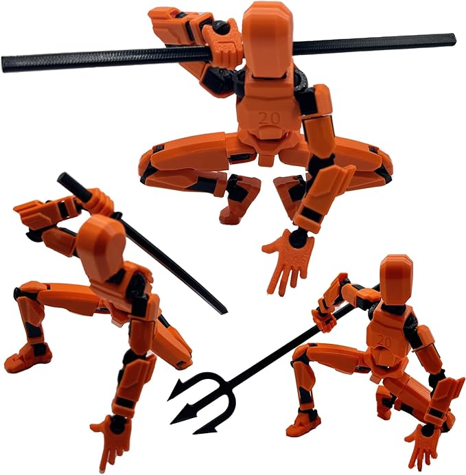 3D Printed Enlarge Body Size 8.1-inch Action Figure Dummy20, Full Body Mechanical Movable Toy, Multiple Accessories, Desk Decoration (Bracket, 3 HandsType, Weapons, Armour) (Orange)