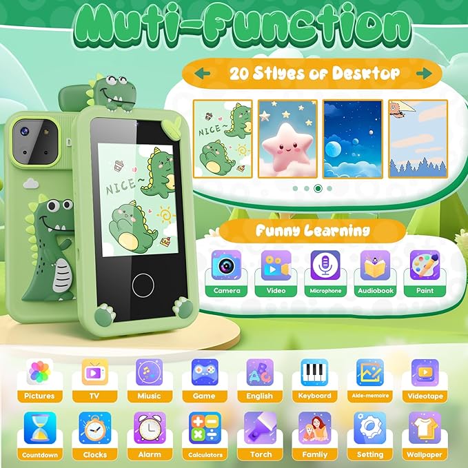 Luyiilo Kids Smart Phone Toys for Boys,Dinosaurs Gift Toys for Boys Ages 3-9 Christmas Birthday Gifts Mini Smart Phone Toys With 2.8" Touchscreen 16 Learning Games Dual Camera Music Player, 8G SD Card