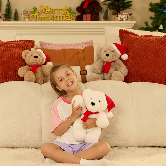 MorisMos Teddy Bear Stuffed Animal, 14'' Christmas Teddy Bear 2025 with Santa Hat & Scarf,180° Joints Posed Plush Toy, oft Stuffed Christmas Toy for Kid Girl Boy Max Decoration Birthday Gift,White