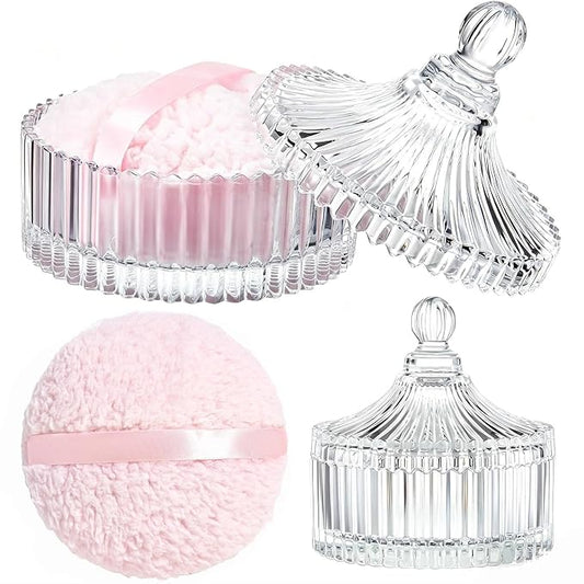 Big Body Powder Puff and Container, Glass Powder Container with Puff for Body and Face, Crystal Case and 6'' Soft Washable Reusable Velour Puff for Wet Dry Makeup（Yurt, Clear)