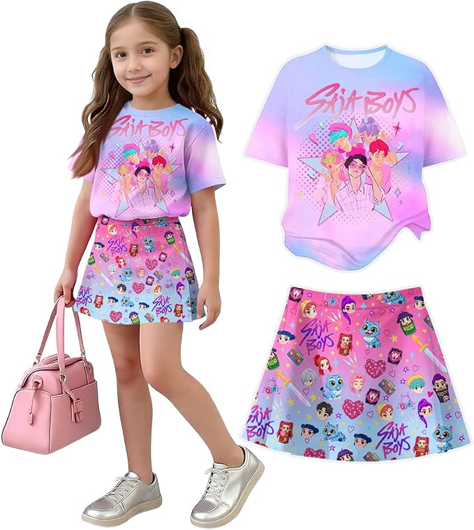 HTHLVMD K Pop Short Sleeve T-Shirt and Skirts Outfits Set for Girls Hunters Rumi Mira Zoey Graphic Tees De-Mon Costume