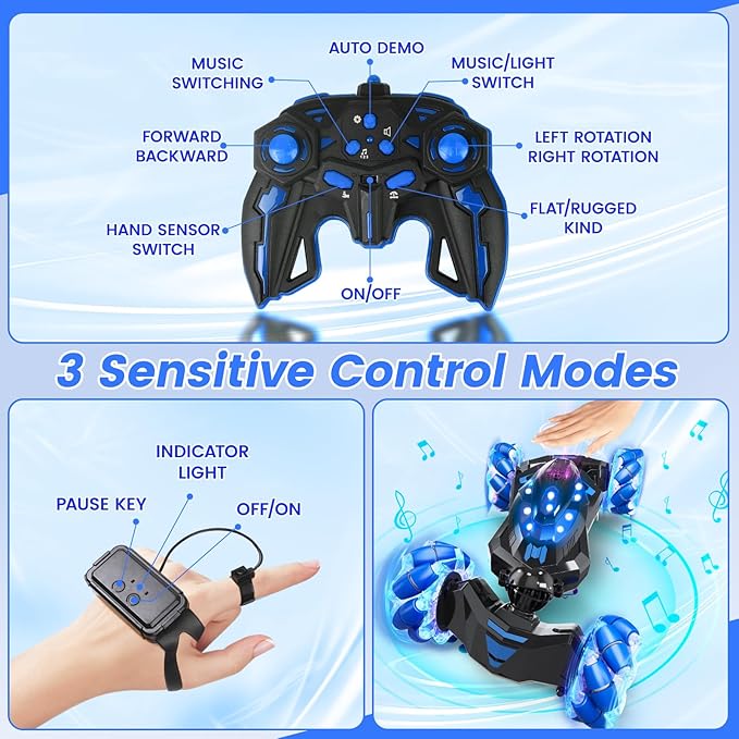YEMIAI Gesture Sensing RC Stunt Car,4WD Drift Hand Controlled 360° Flips Trick Car with Lights & Music, Toys car is Cool Birthday Gift for Kids Ages 7-12