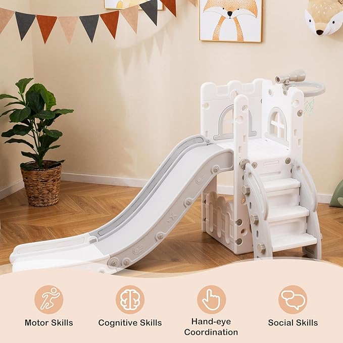 BABY JOY Toddler Slide, 6-in-1 Indoor Kids Slide Playset with Basketball Hoop, Telescope, Climbing Ladder & Storage Space, Freestanding Playhouse & Climber for Kids Aged 1-3 (Gray)