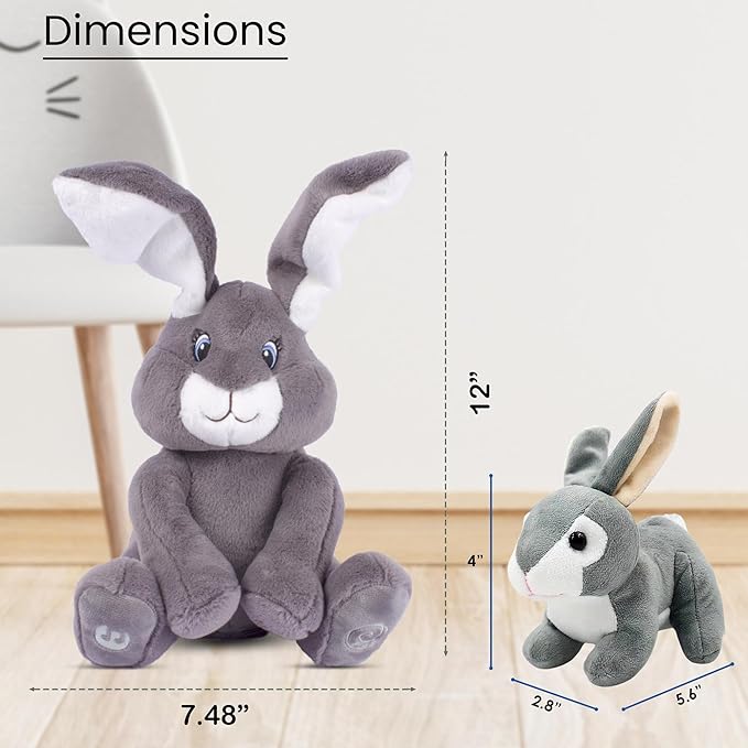 Dimple Bunny Set - Milo Stuffed Bunny Toy, Animated Interactive Rabbit with Peek-a-Boo Feature with Singing Songs and Grey Plush Baby Rabbit, Perfect Baby Plush Toy Gift for Ages 0 an Up