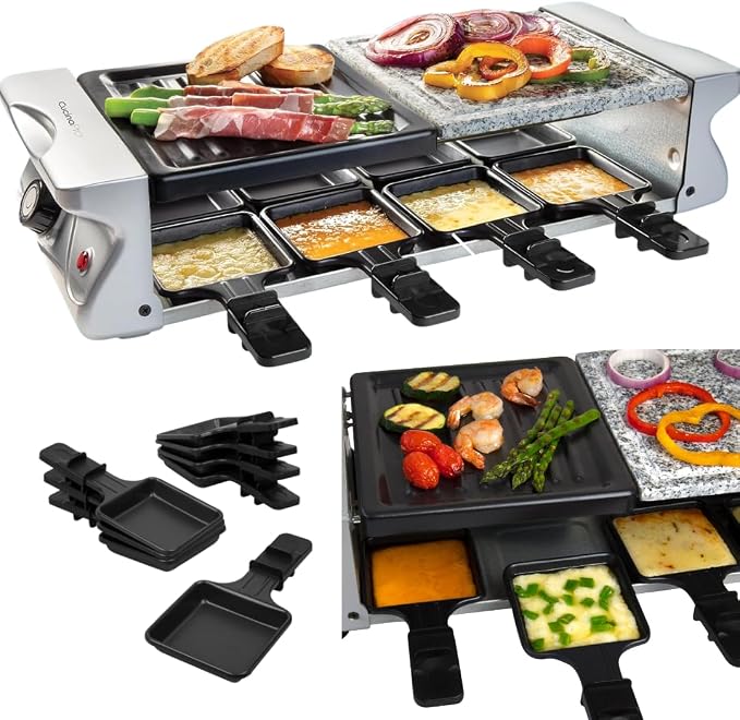 Electric Cheese Raclette Table Grill w Cooking Stone & Grilling Plate | Nonstick, Indoor Smokeless Korean BBQ 8 Person Tabletop Cooker Hotplate- Melt or Grill Meat, Veggies, Home Dinner Party, Apps