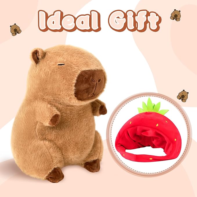 Capybara Plush 11.8 inch with Strawberry Hat Soft Capybara Stuffed Animals Capybara Hugging Gifts Capybara Doll Pillow for Kids Girls Toys (Strawberry Capybara Brown 11.8 inch)
