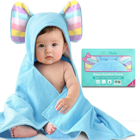Luxury Light Blue Baby Hooded Bath Towel-100% Cotton,500GSM,33x31.5 Inches,0-2Years,Super Absorbent Large Towel with Cute Elephant Ears Hood for Newborn,Infant Shower Gift,Baby Essentials,Light Blue