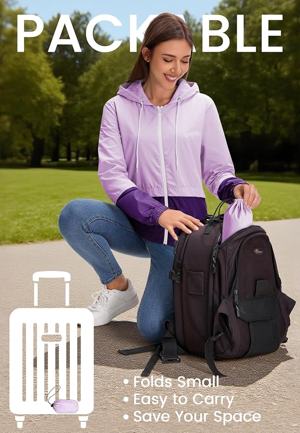Zando Lightweight Rain Jacket Women Packable Waterproof Raincoat with Hood | Windbreaker Jacket Women, Light Raincoats for Drizzle, Rain Coats for Travel, Hiking and Commute