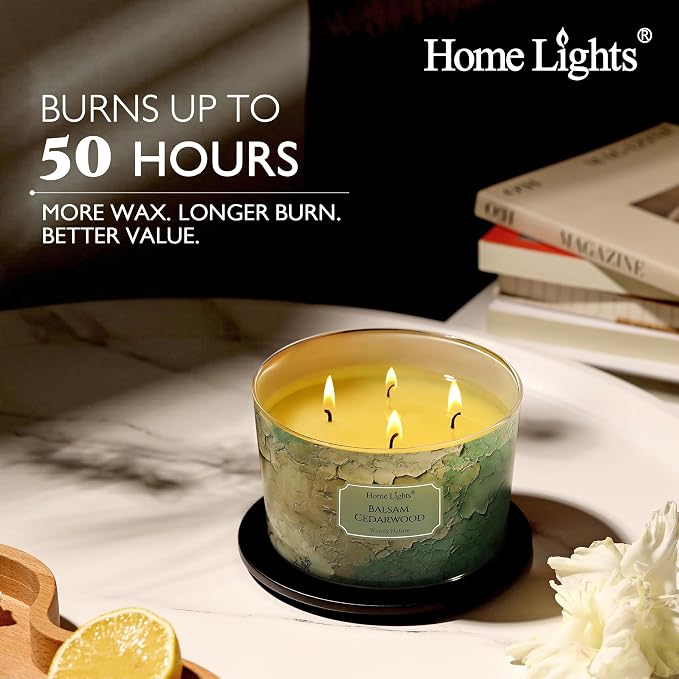 HomeLights Balsam Cedarwood Scented Candles | 18oz Soy Candles Industrial Chic 4-Wick Large Candle Jars | Ideal Candle Gifts for Events, Home Decor Stress, Relief & Relaxation