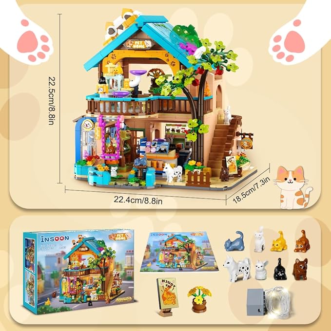 City Pet Shop Building Set with Lights, Cozy Pet House Construction Toy with Cats Dogs Rabbit, 1431 PCS Cute Animal Store Miniature Model Building Block Kit for Adults Kids Boys Girls Ages 12+