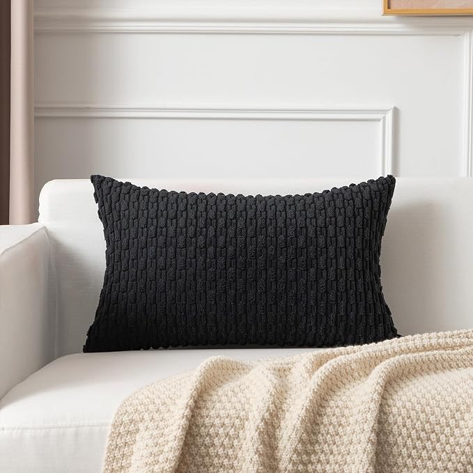 Kevin Textile Soft Corduroy 12"x24" Lumbar Pillow Cover 1 Pack, Black | Boho Stripe Plush Corduroy Decorative Oblong Cushion Cover Modern Farmhouse Home Decor for Sofa Couch Bed Chair