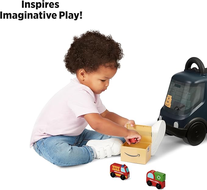 Radio Flyer Amazon Delivery Van, For Ages 2+, Ride and Deliver Truck for Kids, Under Seat Storage, Stationary Handle, Ergonomic Seat, Includes 3 Mini Amazon Boxes & 3 Wooden Toys, Toddler Ride On Toys