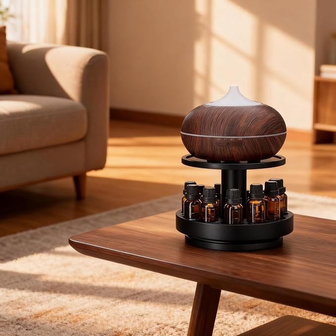 TJ.MOREE Bamboo Essential Oil Organizer 2-Tier Carousel Holder, Black | Bamboo Material, Fits 5 ml to 30 ml Essential Oil Bottles, Suitable for Home and Office Spaces